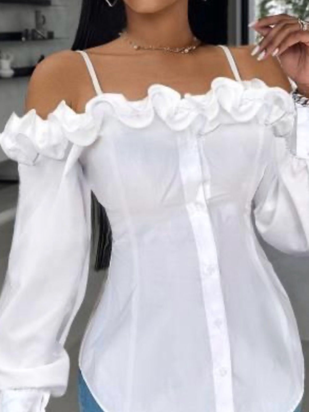 Chicme white off the shoulder blouse with ruffled neckline and long sleeves, siz